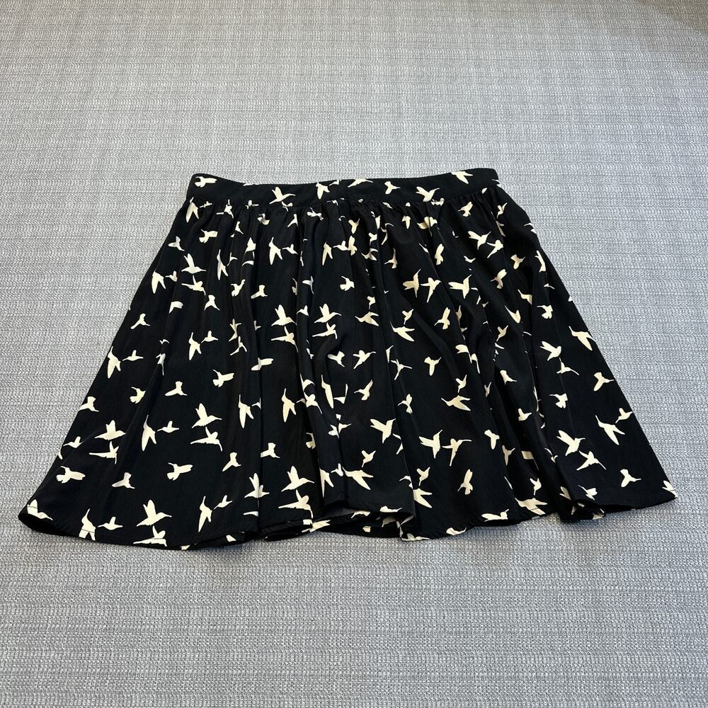 Freebird‎ Mini Skirt Large Black Satin All over Bird Whimsy Indie Festival Lined